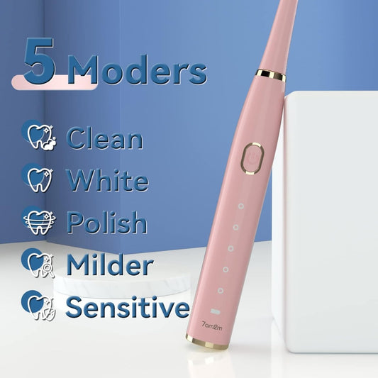 7AM2M Sonic Electric Toothbrush for Adults and Kids- High Power Rechargeable Toothbrushes with 8 Brush Heads,5 Adjustable Modes, Built-in 2-Minute Smart Timer,4 Hours Fast Charge for 75 Days(Pink)