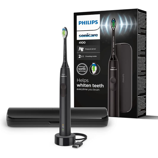 Philips Sonicare 4100 Electric Toothbrush for Adults with 1 x Philips W2 Optimal White Sonic Brush Head in Black, Slim Travel Case and USB Charger