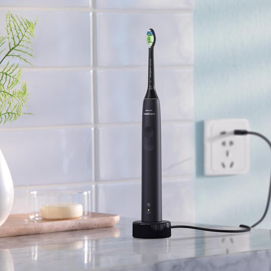 Philips Sonicare 4100 Electric Toothbrush for Adults with 1 x Philips W2 Optimal White Sonic Brush Head in Black, Slim Travel Case and USB Charger