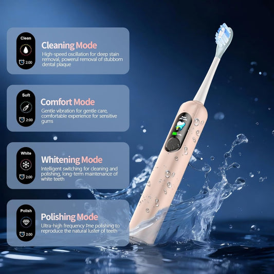 Sonic Electric Toothbrush with LED Smart Display, Rechargeable Toothbrush with 6 Brush Heads, 4 Modes, 38400 VPM Deep Cleaning, 45-Day Battery, IPX7 Waterproof, 2-Min Timer for Home Travel