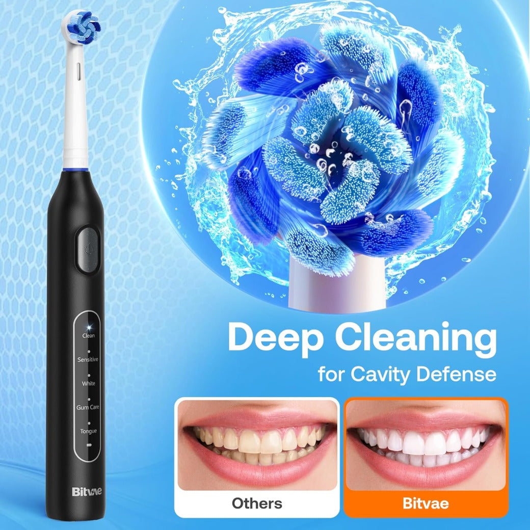 Bitvae Rotating Electric Toothbrush with 8 Brush Heads for Adults and Kids, Travel Case, 5 Modes Rechargeable Power Toothbrush with 2-Minute Smart Timer, 60-Day Battery Life, Black