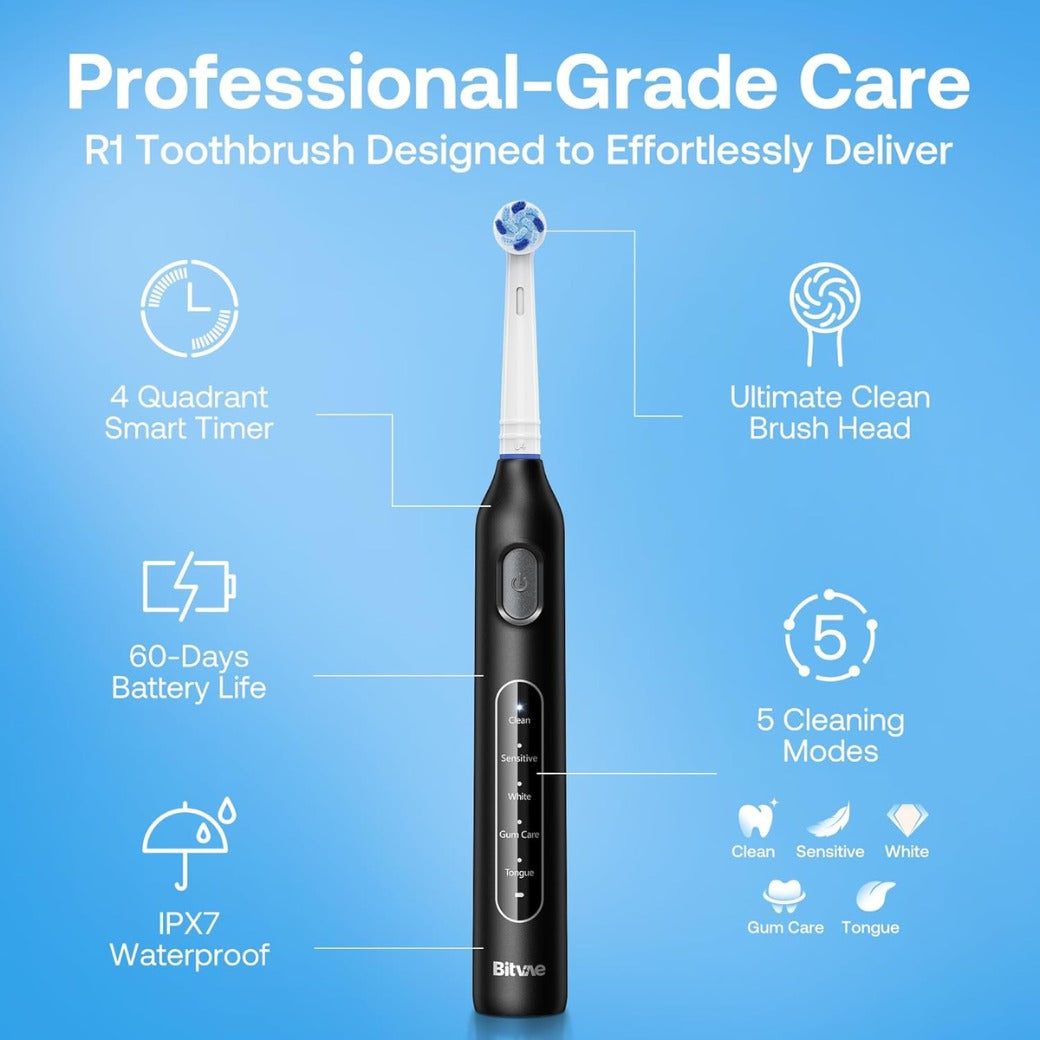 Bitvae Rotating Electric Toothbrush with 8 Brush Heads for Adults and Kids, Travel Case, 5 Modes Rechargeable Power Toothbrush with 2-Minute Smart Timer, 60-Day Battery Life, Black