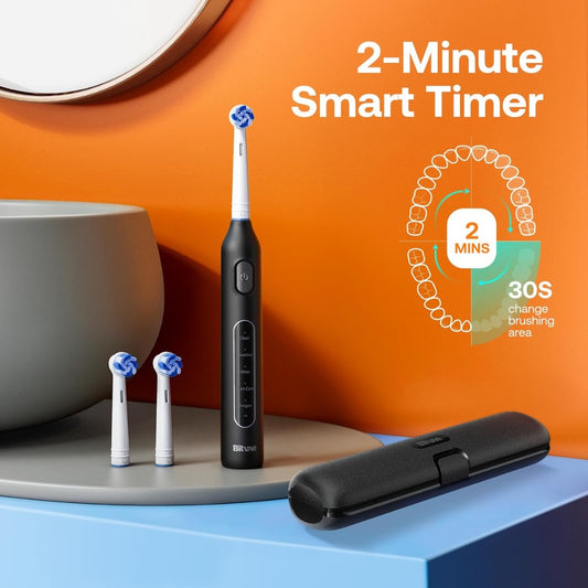 Bitvae Rotating Electric Toothbrush with 8 Brush Heads for Adults and Kids, Travel Case, 5 Modes Rechargeable Power Toothbrush with 2-Minute Smart Timer, 60-Day Battery Life, Black