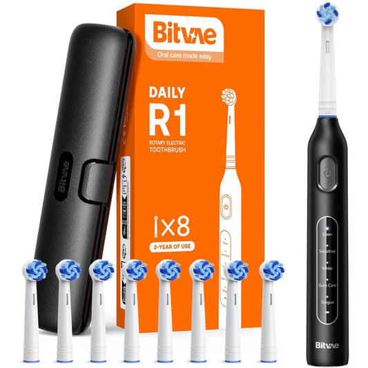 Bitvae Rotating Electric Toothbrush with 8 Brush Heads for Adults and Kids, Travel Case, 5 Modes Rechargeable Power Toothbrush with 2-Minute Smart Timer, 60-Day Battery Life, Black