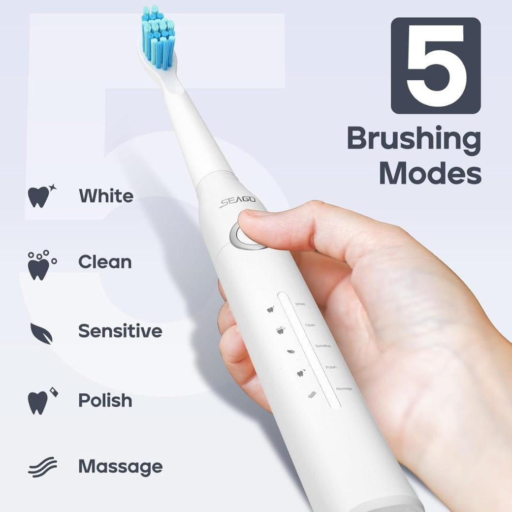 Seago Electric Toothbrush, Rechargeable Toothbrush for Adults Sensitive Teeth, 8 Brush Heads, 5 Modes with Teeth Whitening, Endurance 30 Days, Kids Electric Toothbrushes 6-12, SG-958(White)