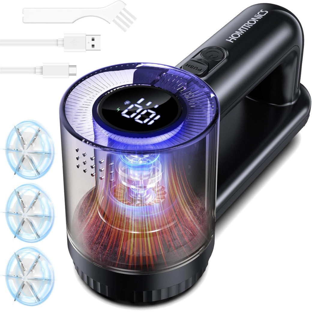 Homtronics Electric Lint Remover, 2000mAh Rechargeable Bobble Shaver for Clothes and Furniture, Adjustable 3-Speed, 6-Leaf Blade, LED Display, Quick and Effective Removal of Pills and Bobbles (Black)