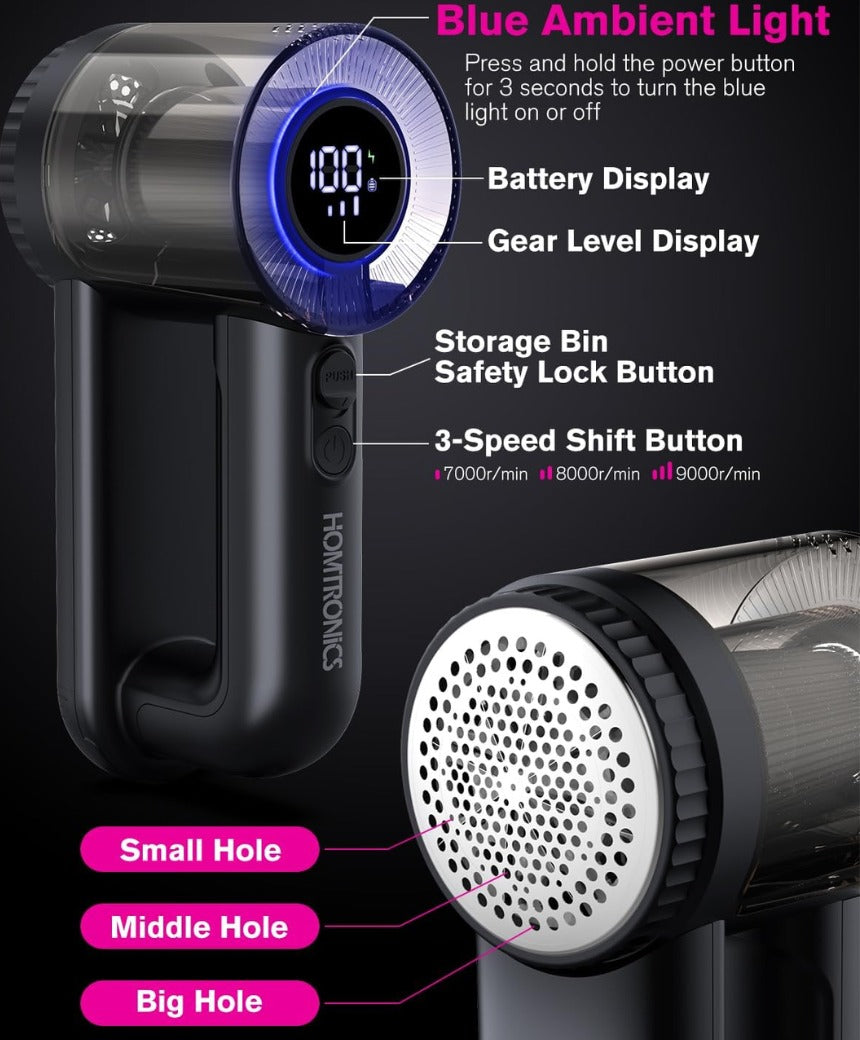 Homtronics Electric Lint Remover, 2000mAh Rechargeable Bobble Shaver for Clothes and Furniture, Adjustable 3-Speed, 6-Leaf Blade, LED Display, Quick and Effective Removal of Pills and Bobbles (Black)