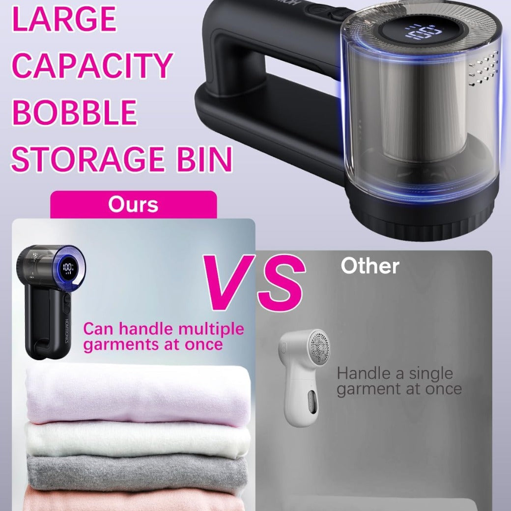 Homtronics Electric Lint Remover, 2000mAh Rechargeable Bobble Shaver for Clothes and Furniture, Adjustable 3-Speed, 6-Leaf Blade, LED Display, Quick and Effective Removal of Pills and Bobbles (Black)
