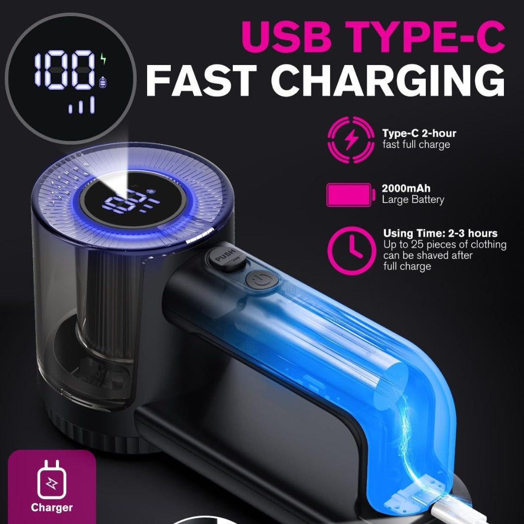 Homtronics Electric Lint Remover, 2000mAh Rechargeable Bobble Shaver for Clothes and Furniture, Adjustable 3-Speed, 6-Leaf Blade, LED Display, Quick and Effective Removal of Pills and Bobbles (Black)