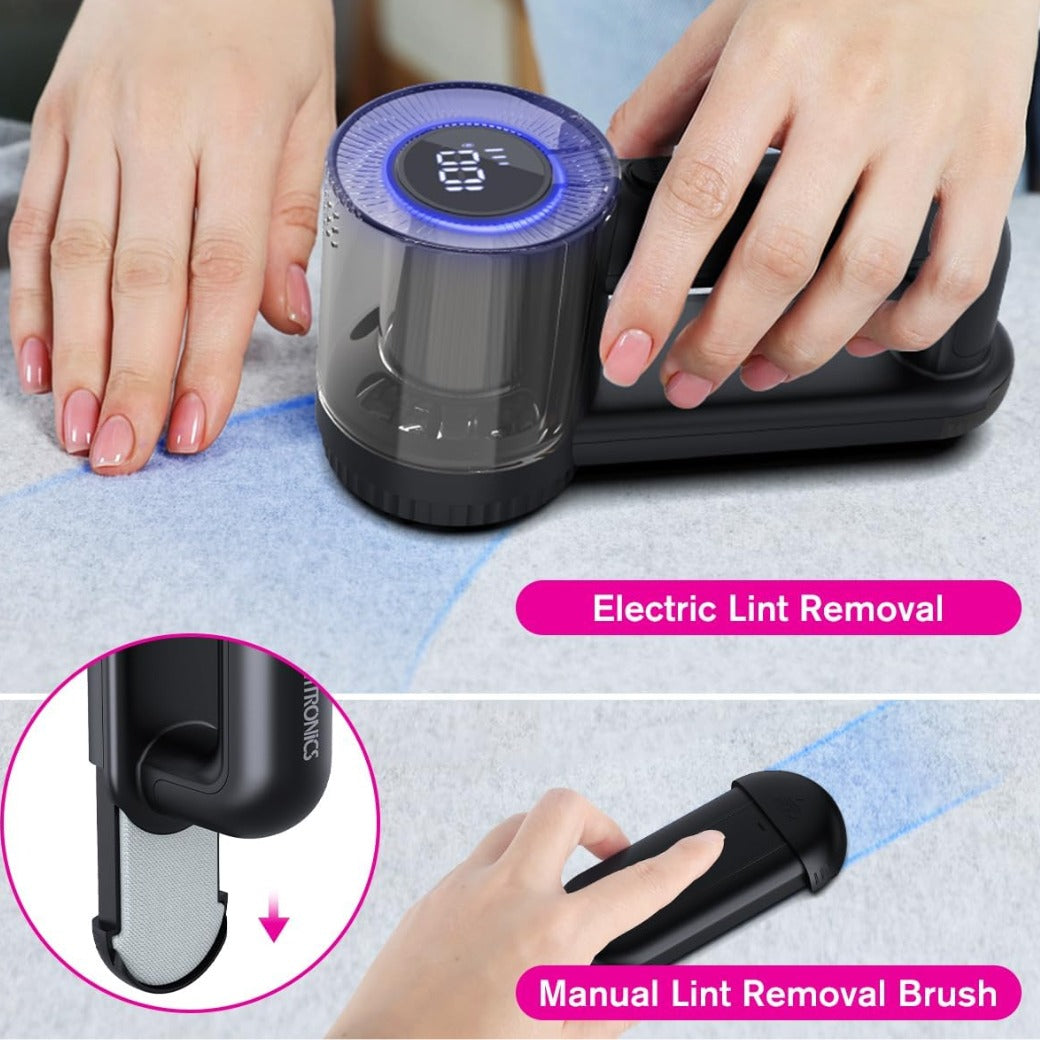 Homtronics Electric Lint Remover, 2000mAh Rechargeable Bobble Shaver for Clothes and Furniture, Adjustable 3-Speed, 6-Leaf Blade, LED Display, Quick and Effective Removal of Pills and Bobbles (Black)