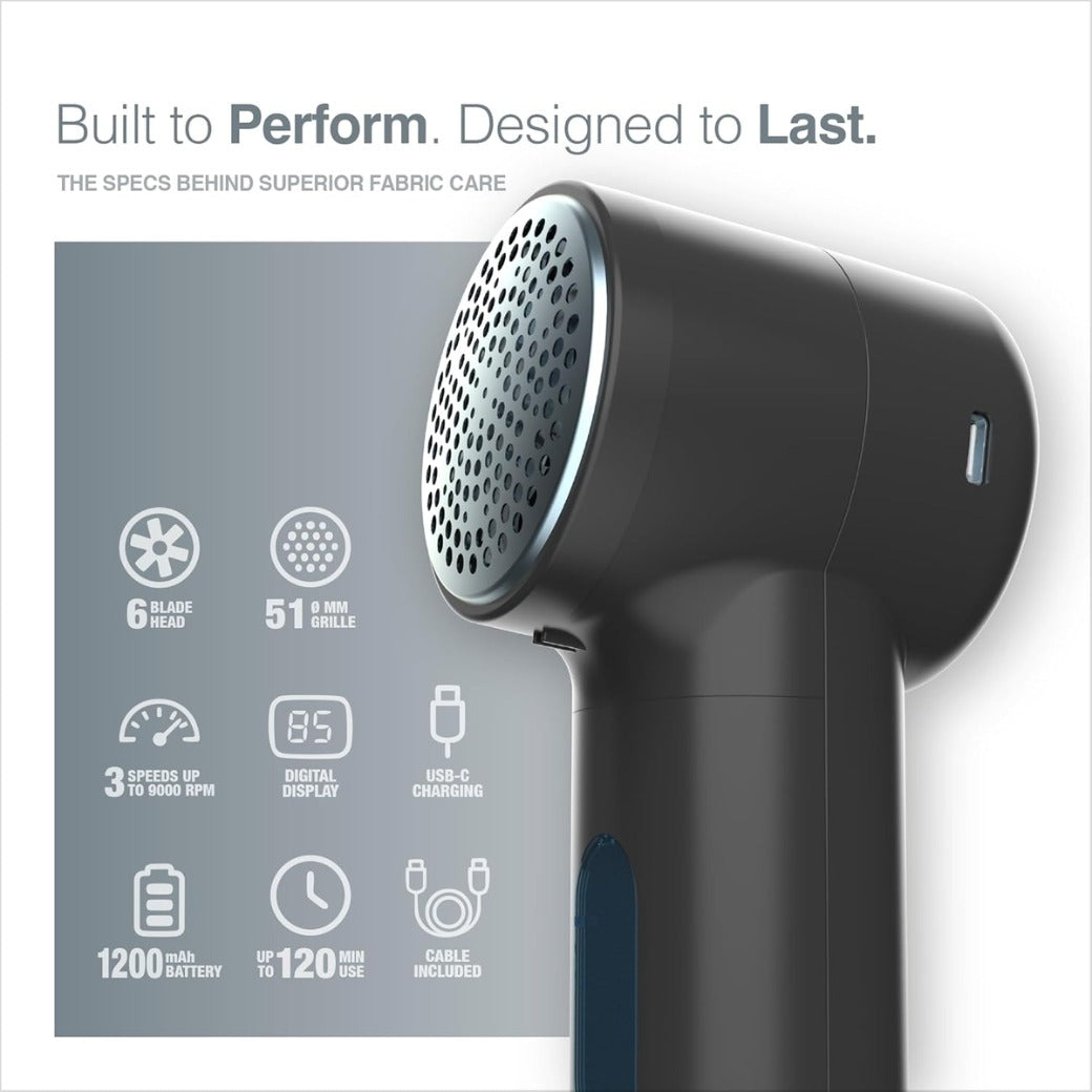 PORTENTUM Lint Remover – Electric Fabric Shaver – LED Display, 3 Speeds up to 9,000 RPM, 6-Blade Head, Up to 2h Runtime, USB-C Rechargeable, Compact and Powerful for Garments & Home Fabrics