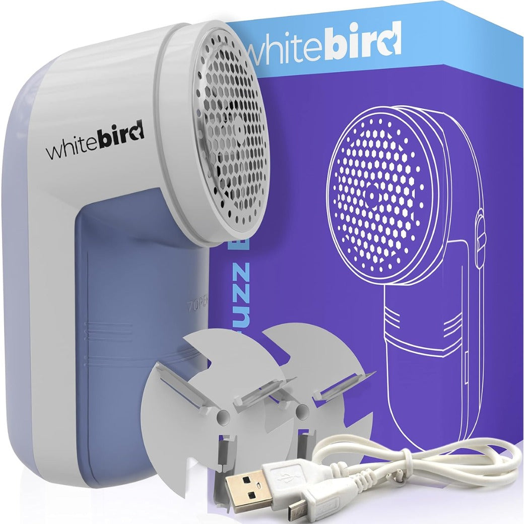 The Fuzz Buster By White Bird Rechargeable Handheld Electric Lint Remover Portable Fabric Shaver Bobble Remover De Bobble For Jumpers Sofas and Clothes With Spare Blade. No Batteries Required