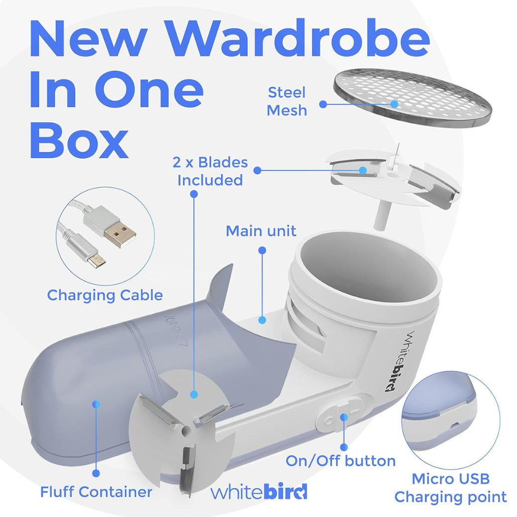 The Fuzz Buster By White Bird Rechargeable Handheld Electric Lint Remover Portable Fabric Shaver Bobble Remover De Bobble For Jumpers Sofas and Clothes With Spare Blade. No Batteries Required