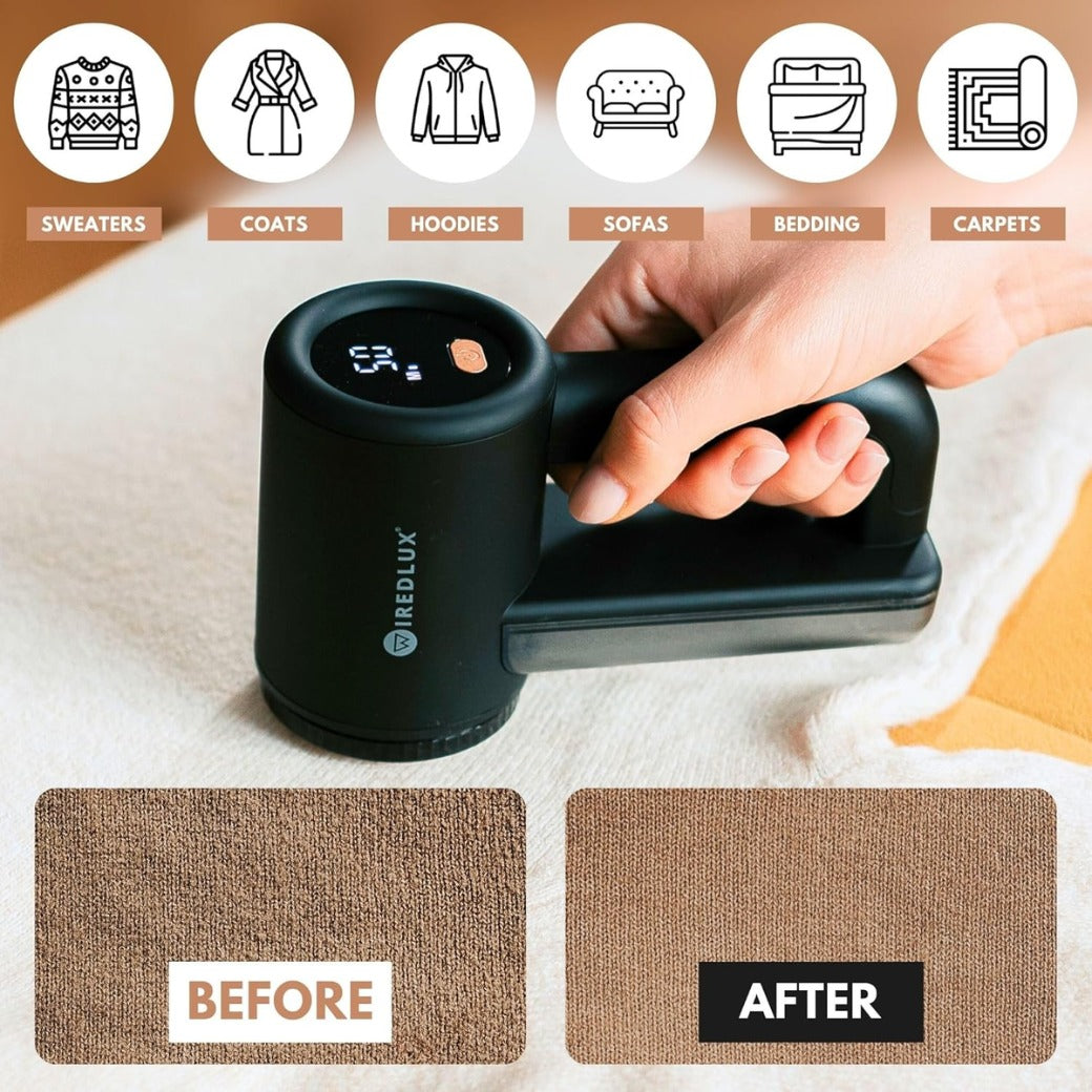 Electric Lint Remover WiredLux - Rechargeable Fabric Shaver Bobble Remover for Clothes & Furniture - Adjustable 3-Speed, 6-Leaf Blade, USB Charging, Debobbler with Dual Protection