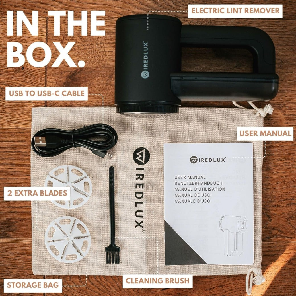Electric Lint Remover WiredLux - Rechargeable Fabric Shaver Bobble Remover for Clothes & Furniture - Adjustable 3-Speed, 6-Leaf Blade, USB Charging, Debobbler with Dual Protection