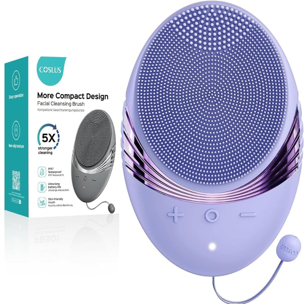 COSLUS Face Scrubber Facial Cleansing Brush: 5 Modes Rechargeable & IPX7 Waterproof for Sensitive Skin, Deep Cleaning Removing Blackhead Exfoliating Massaging Home Care & Business Travel (Purple)