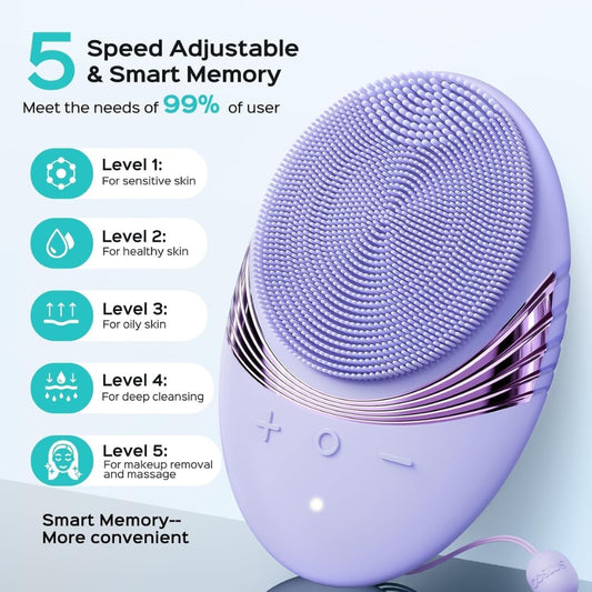 COSLUS Face Scrubber Facial Cleansing Brush: 5 Modes Rechargeable & IPX7 Waterproof for Sensitive Skin, Deep Cleaning Removing Blackhead Exfoliating Massaging Home Care & Business Travel (Purple)
