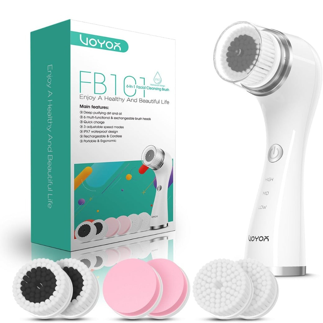 VOYOR Facial Cleansing Brush Electric with 3 Types of Replacement Heads Face Scrubber 3 Speeds Adjustable Face Brush for Skin Deep Cleansing and Exfoliation Rechargeable Face Cleansing Brush FB101