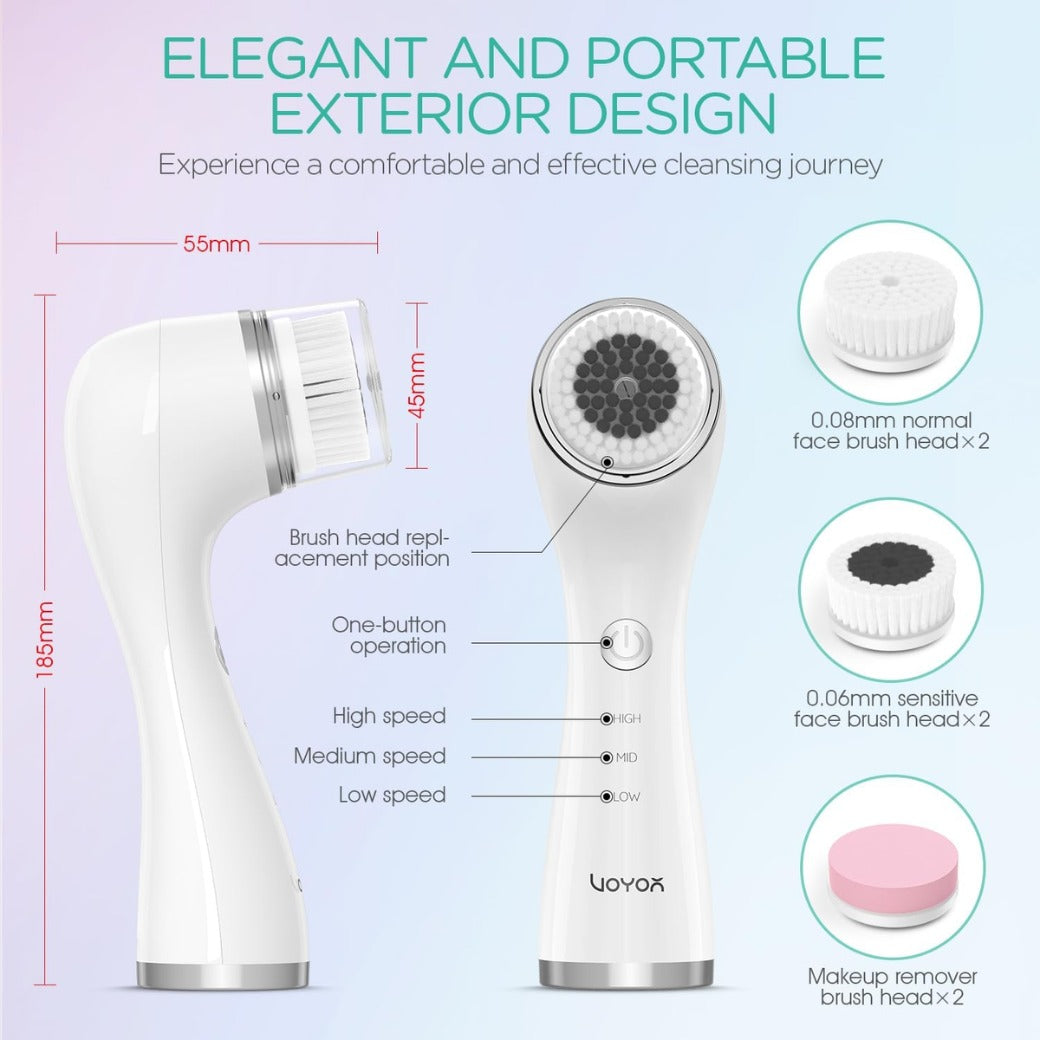 VOYOR Facial Cleansing Brush Electric with 3 Types of Replacement Heads Face Scrubber 3 Speeds Adjustable Face Brush for Skin Deep Cleansing and Exfoliation Rechargeable Face Cleansing Brush FB101