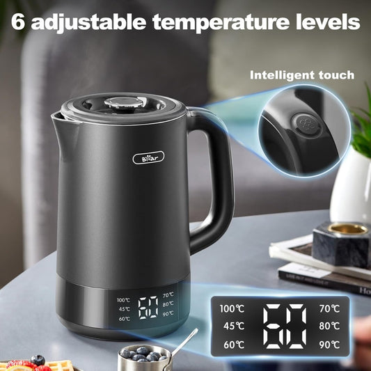 Bear 1.7L Electric Kettle, 2200W Fast Boil with 6 Temperature Settings & Touch Control, Black