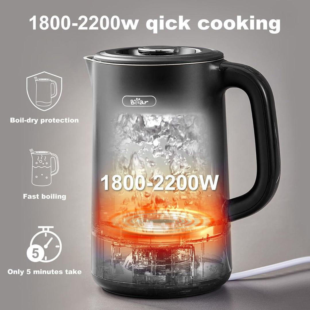Bear 1.7L Electric Kettle, 2200W Fast Boil with 6 Temperature Settings & Touch Control, Black