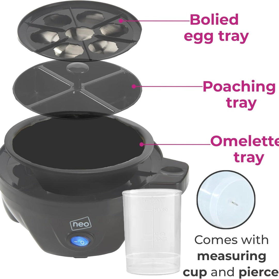 Neo 3-in-1 Electric Egg Cooker & Omelette Maker, Egg Boiler, Poacher & Steamer with Timer, Black & Silver