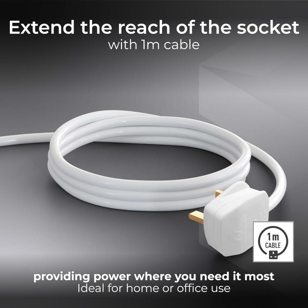 Six Socket Extension Lead, 1 Metre Cable, Unswitched, 6-Way Plug Extension Cable, Power Strip, Basic Power, White, 13A, 6G, 1m, BSG110N