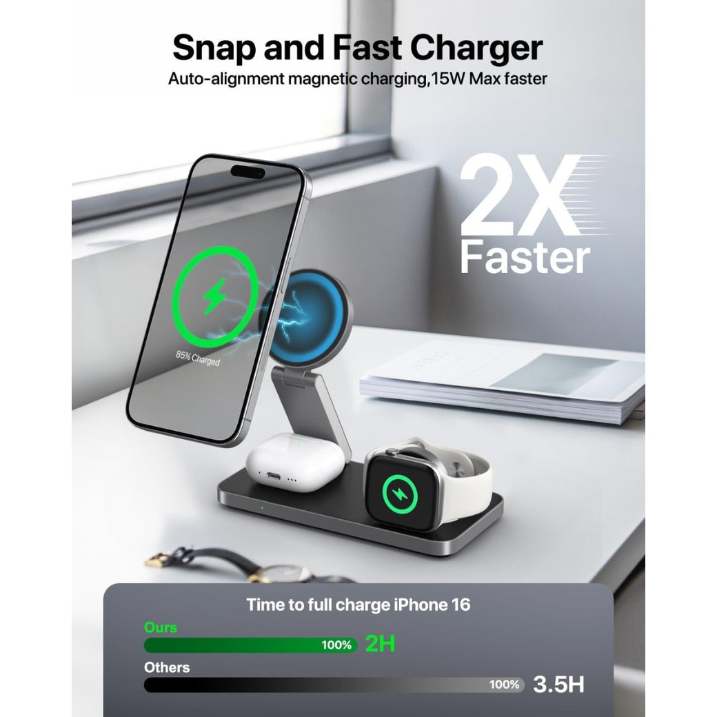 3 in 1 Wireless Charging Station for iPhone Magnetic Portable, Fast Wireless Charger Stand for iPhone Air/17/16/15/14/13/12