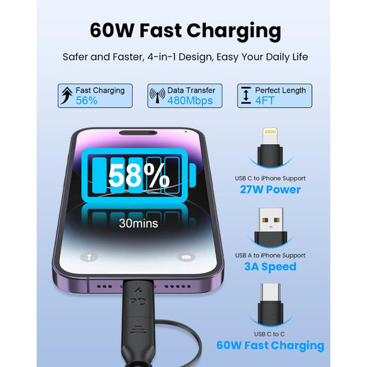 Coiled USB C and Lightning Cable 2-in-1, 60W 3A USB-C to Lightning Cable for Car Type C to USBC Fast Charging Multi Charger Cord for Cell Phones