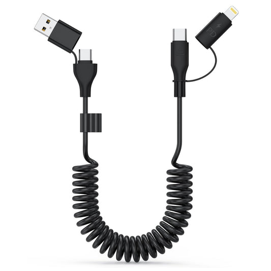 Coiled USB C and Lightning Cable 2-in-1, 60W 3A USB-C to Lightning Cable for Car Type C to USBC Fast Charging Multi Charger Cord for Cell Phones