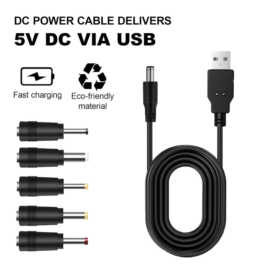 1m DC 5V Charger 2.0 A Universal USB Power Cable Male to DC 5.5 x 2.1mm Adapter, USB to DC Power Cable for Fan, Router, Speakers with 2.5x0.7mm 3.5x1.35mm 4.0x1.7mm 5.5x2.5mm 3.0x1.0mm 5 Connectors T