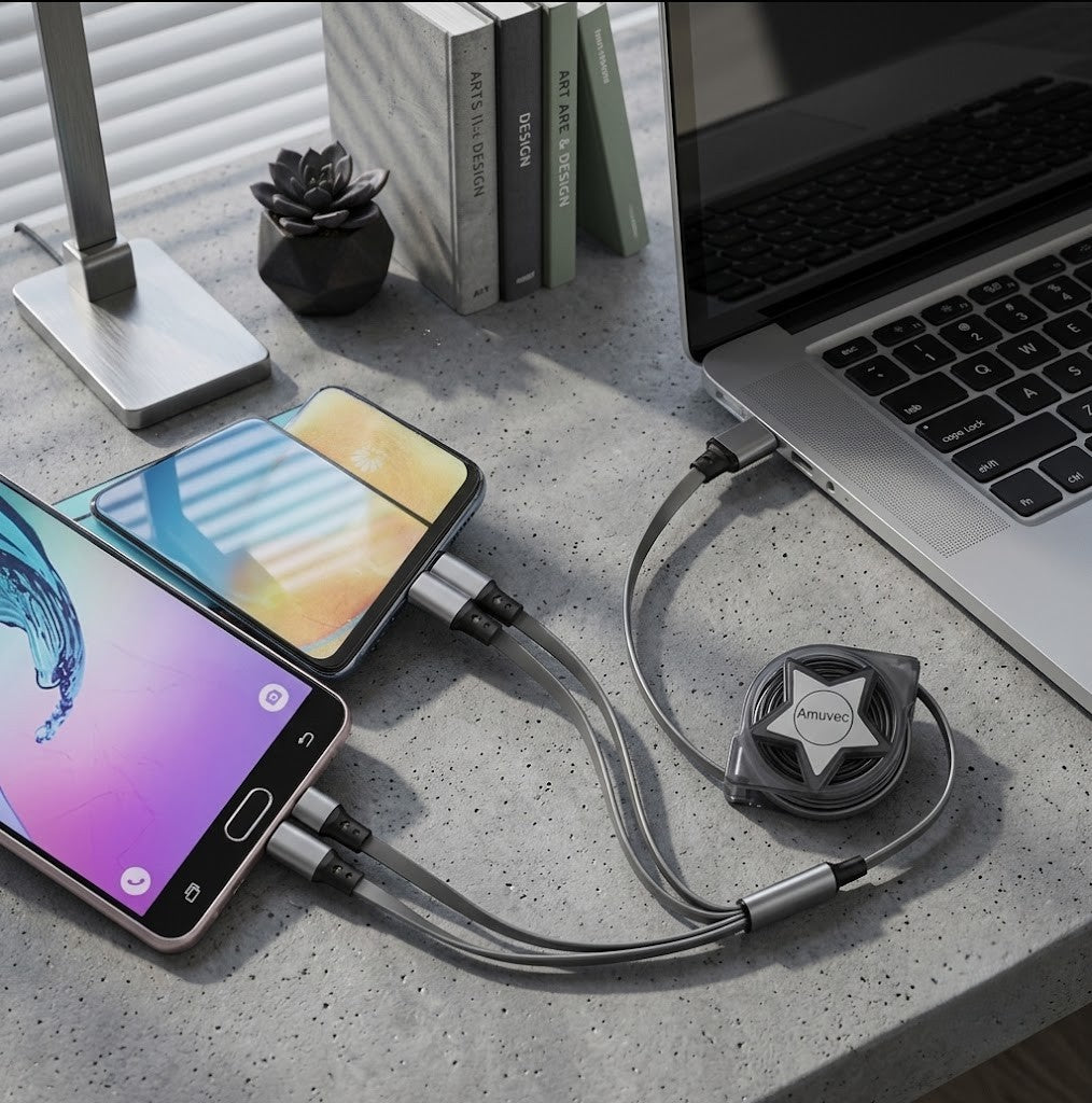 4 in 1 Multi Retractable Charging Cable Fast Charging USB Cable with Lightning, Type-C, Micro USB and USB-A Connectors for Universal Use