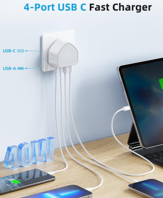USB-C Plug UK Fast Charging Wall Adapter UK 3-Pin Type-C Power Charger for Phones, Tablets and USB-C Devices