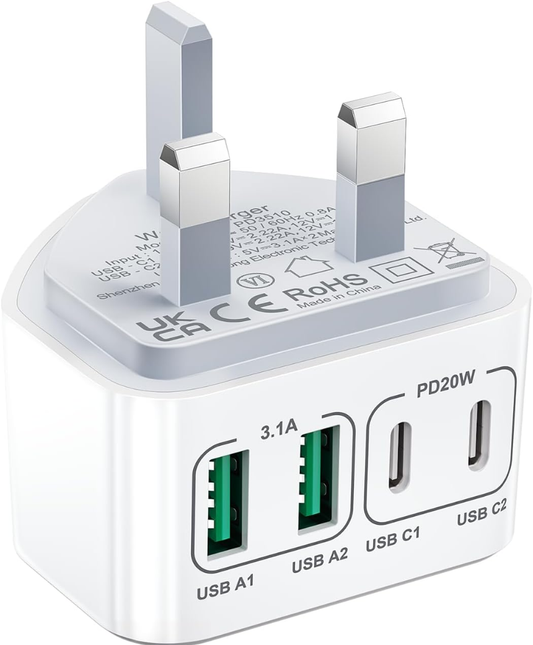 USB-C Plug UK Fast Charging Wall Adapter UK 3-Pin Type-C Power Charger for Phones, Tablets and USB-C Devices