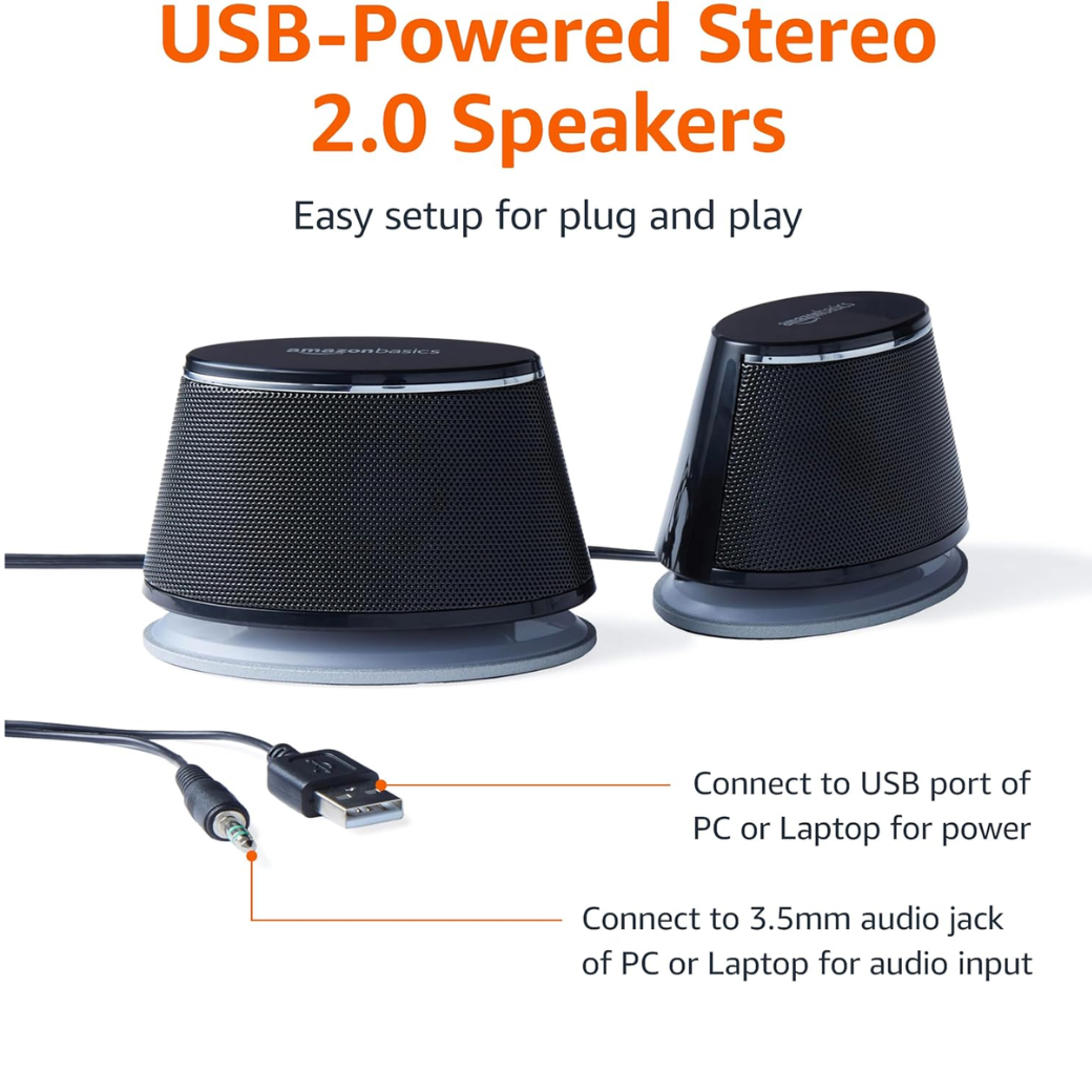 Amazon Basics 2.0 USB-Powered PC Speakers – Black  1 Pair, Black