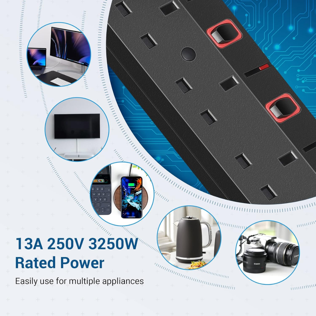 6 Way Surge Protector Power Strip with Individual Switches & LED Indicators