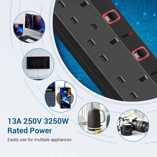 6 Way Surge Protector Power Strip with Individual Switches & LED Indicators