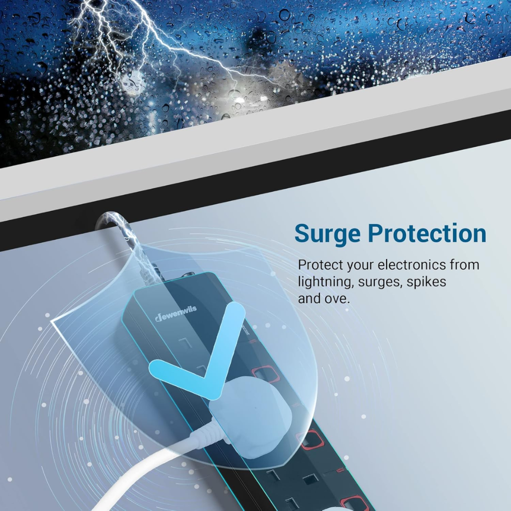 6 Way Surge Protector Power Strip with Individual Switches & LED Indicators