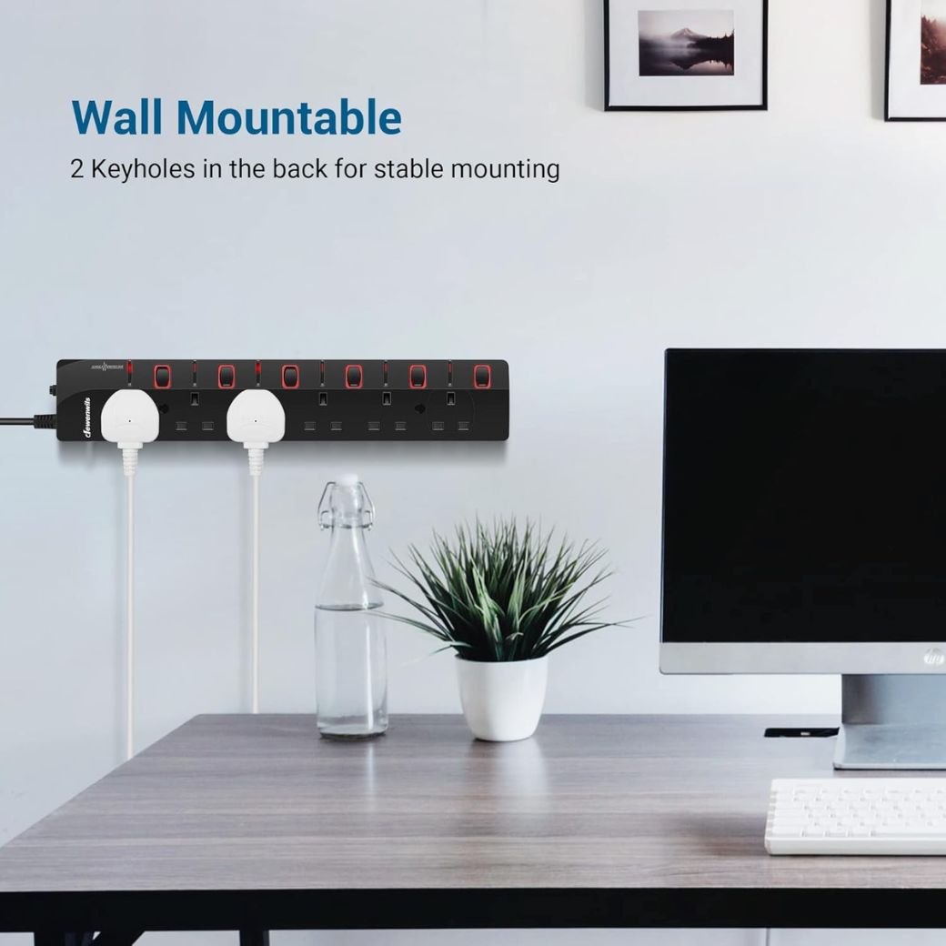 6 Way Surge Protector Power Strip with Individual Switches & LED Indicators