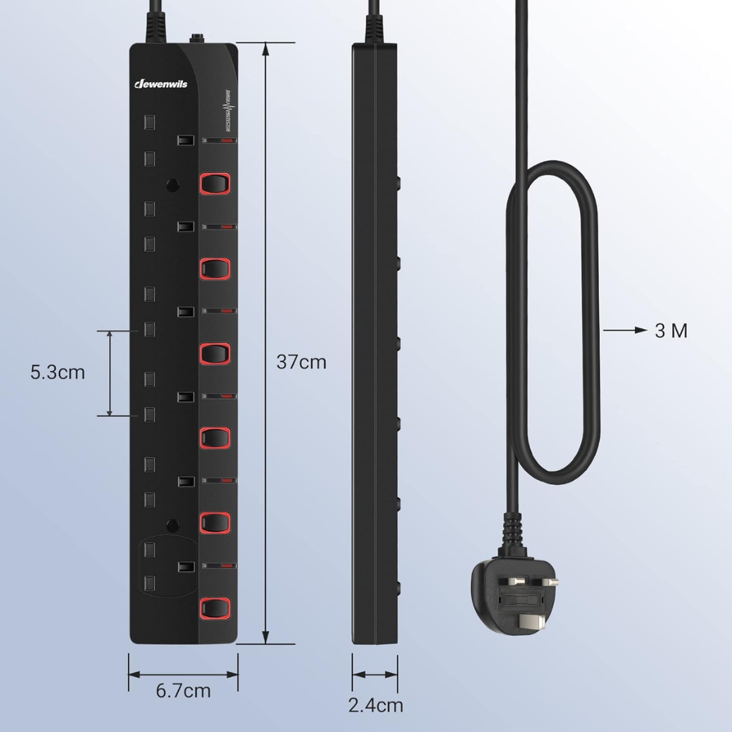 6 Way Surge Protector Power Strip with Individual Switches & LED Indicators