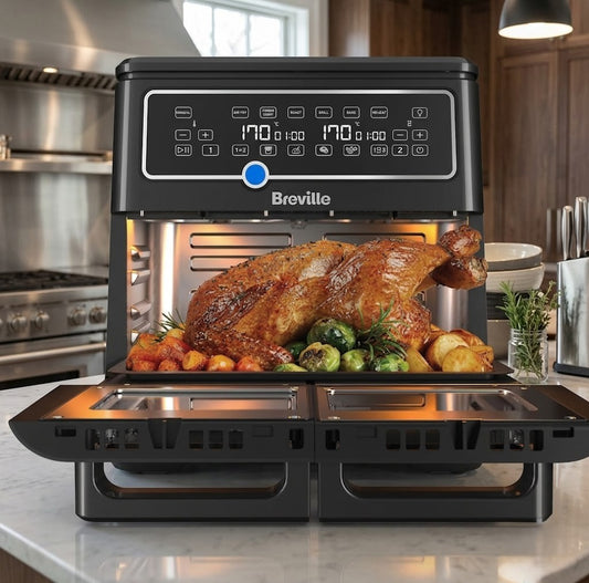 Breville Halo Flexi 11L Dual Air Fryer Oven VDF130, 2400W Digital Air Fryer, Fry Bake Grill Roast & Reheat, Serves 10+ People, Black