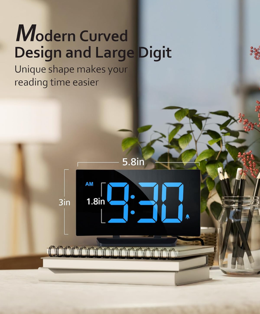 Digital Alarm Clock for Bedrooms with Modern Curved Design, LED Display, Snooze Function and Adjustable Brightness