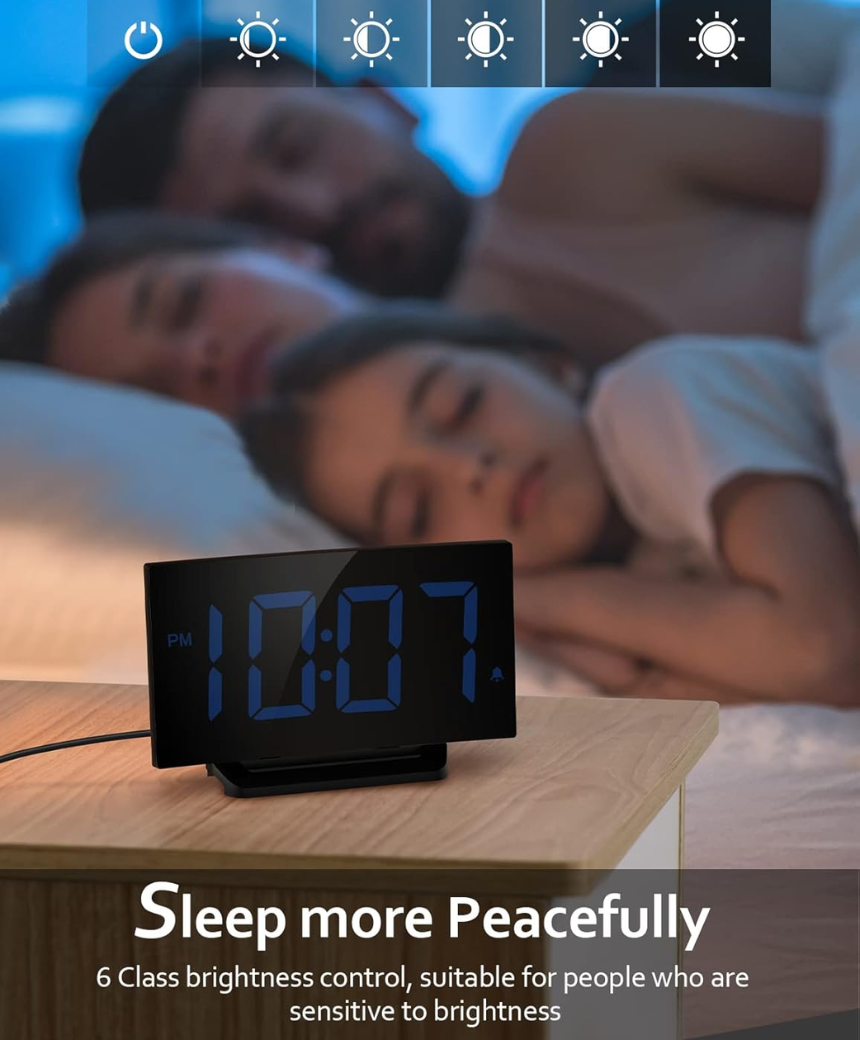 Digital Alarm Clock for Bedrooms with Modern Curved Design