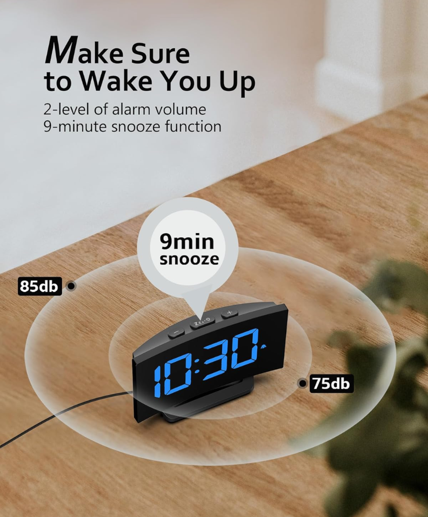 Digital Alarm Clock for Bedrooms with Modern Curved Design