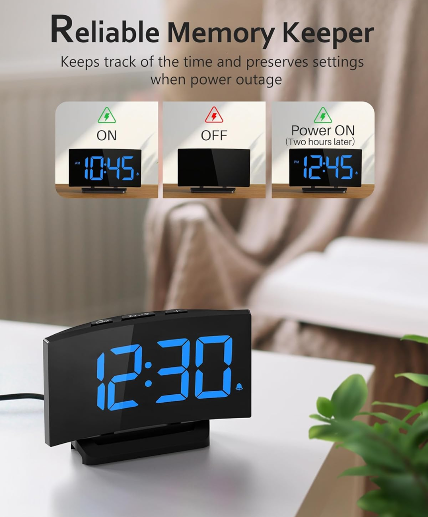 Digital Alarm Clock for Bedrooms with Modern Curved Design