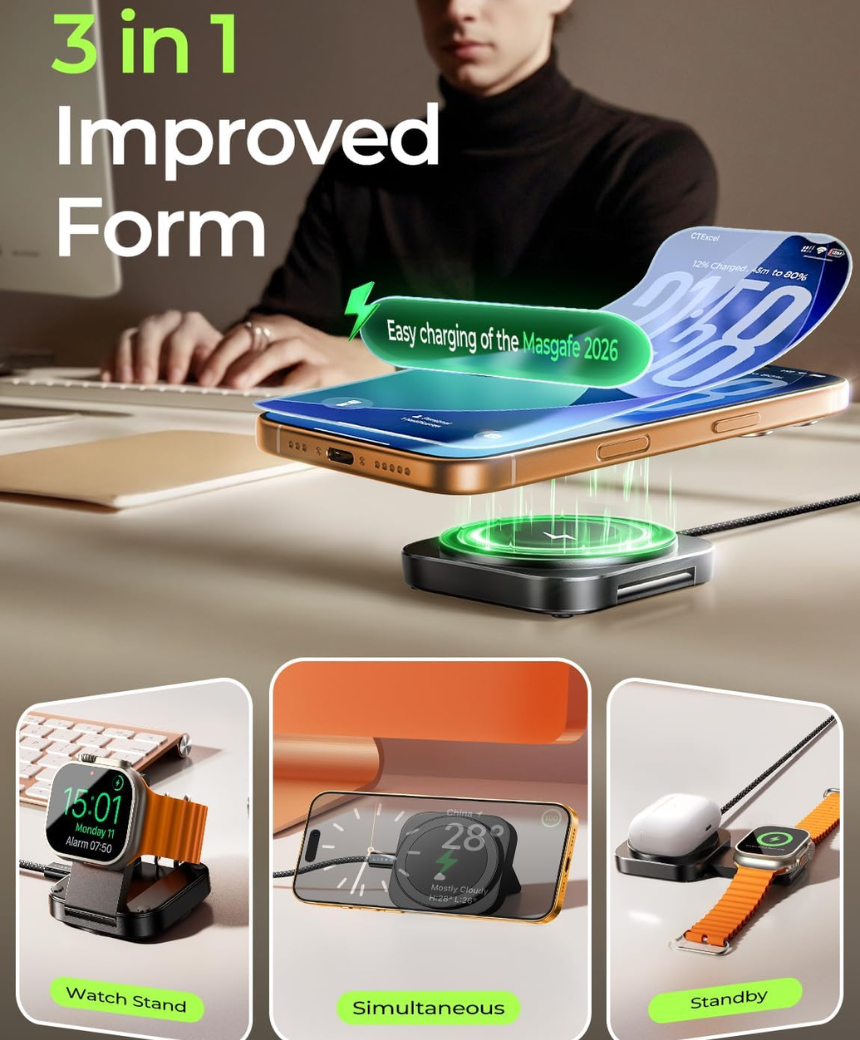 3-in-1 MagSafe Wireless Charging Stand for iPhone & Apple Watch