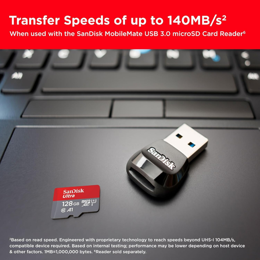 SanDisk 128GB Ultra microSDXC Memory Card with SD Adapter High-Speed Storage Card for Smartphones, Cameras and Tablets