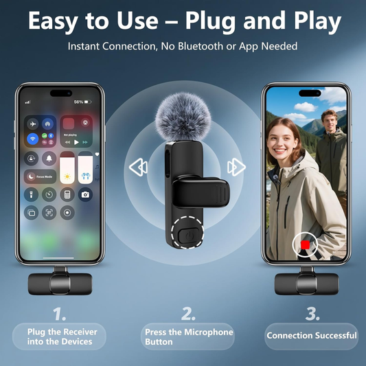 Wireless Lavalier Microphone for iPhone & Android Clip-on Lapel Mic with Noise Reduction and Plug & Play Connectivity